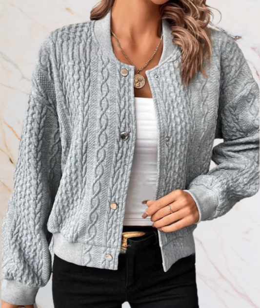 Graue Strickjacke Damen, Zopfmuster, Knopfleiste, lässig, modisch, Herbstmode, Baumwolle.