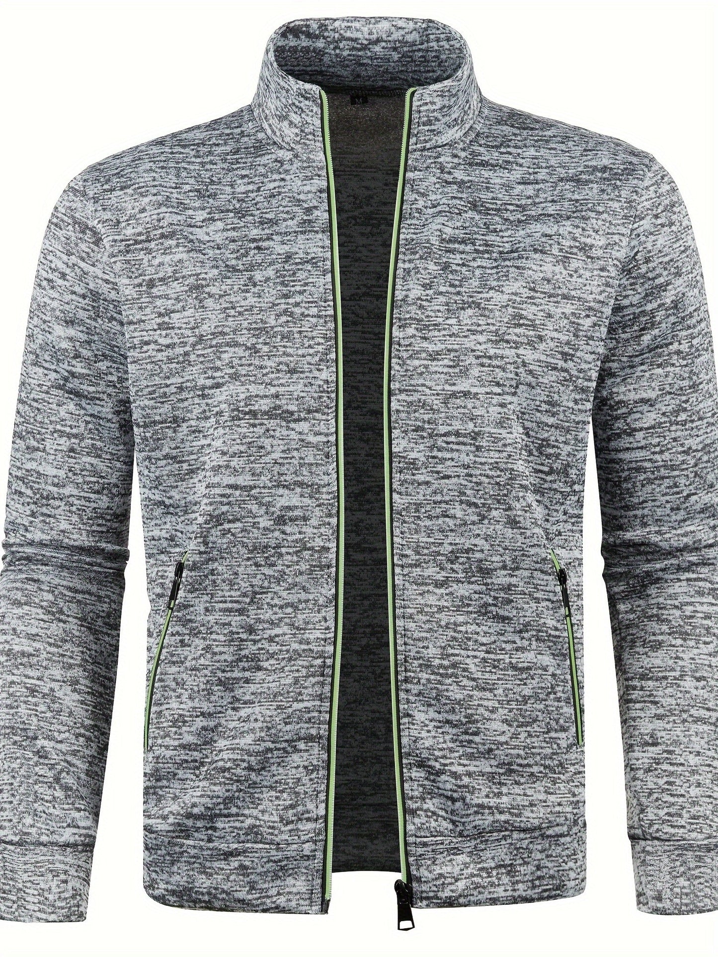 Graue Herren-Strickjacke mit Reißverschluss, Stehkragen, meliertem Muster, sportlich, bequem.
