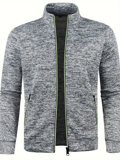 Graue Herren-Strickjacke mit Reißverschluss, Stehkragen, meliertem Muster, sportlich, bequem.