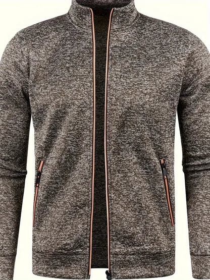 Graue Herren-Strickjacke mit Reißverschluss, Stehkragen und Taschen, modisch und bequem.