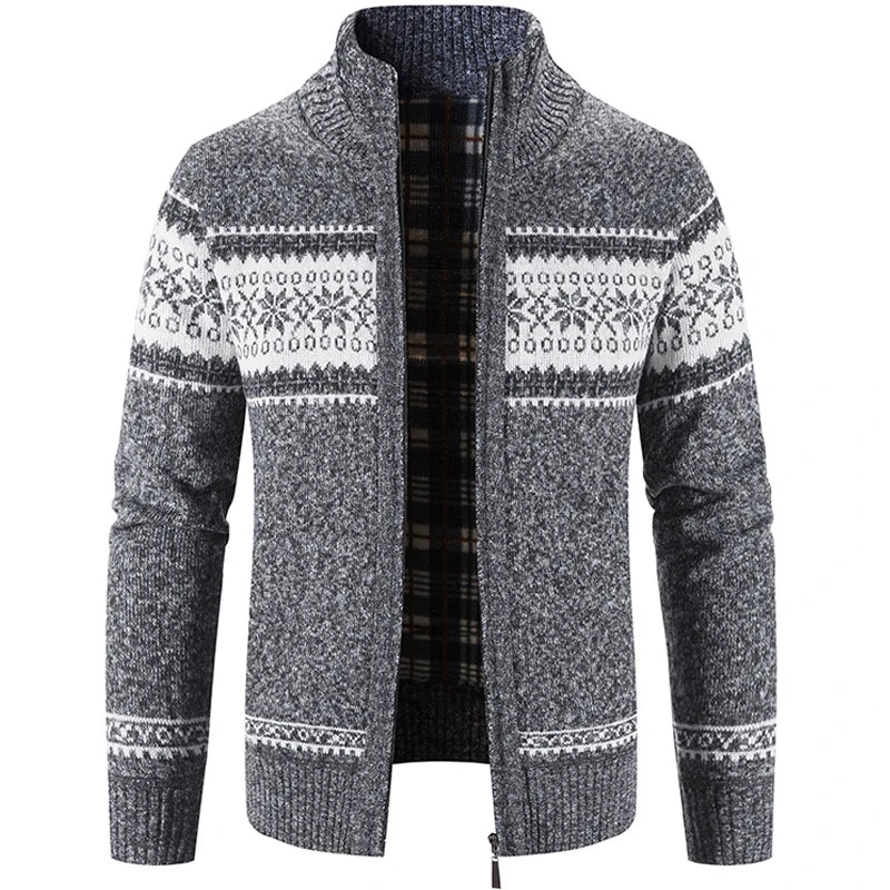 Grauer Herren-Strickjacke mit Muster, Reißverschluss, warm, Wintermode, casual, stilvoll.