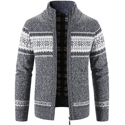 Grauer Herren-Strickjacke mit Muster, Reißverschluss, warm, Wintermode, casual, stilvoll.