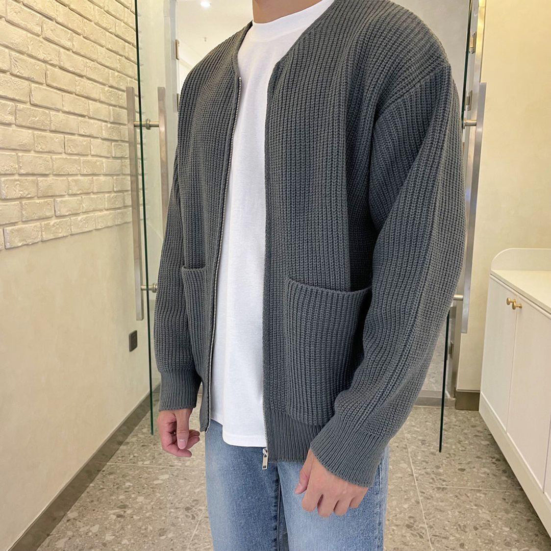 Grauer Strick-Cardigan für Herren, Reißverschluss, lässig, Baumwolle, modisch, bequem.