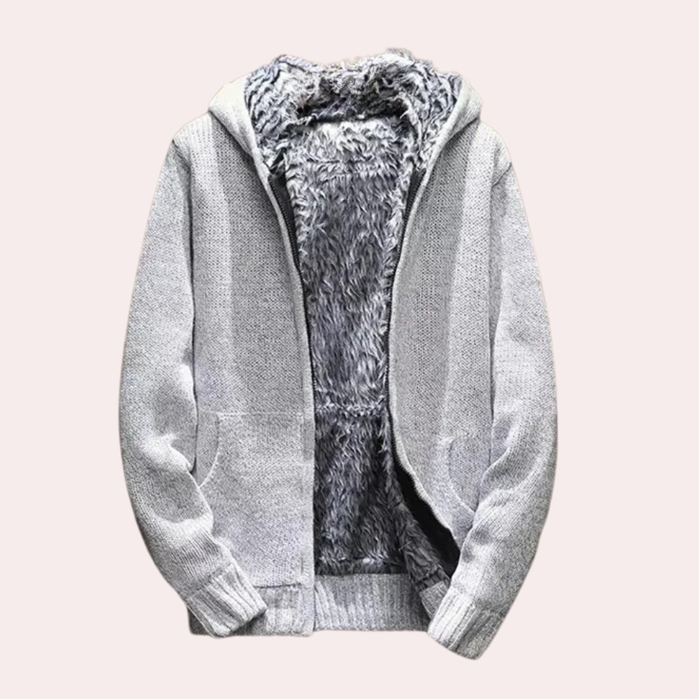 Grauer Kapuzenpullover mit Kunstfellfutter, warm, modisch, Herrenbekleidung, Wintermode.