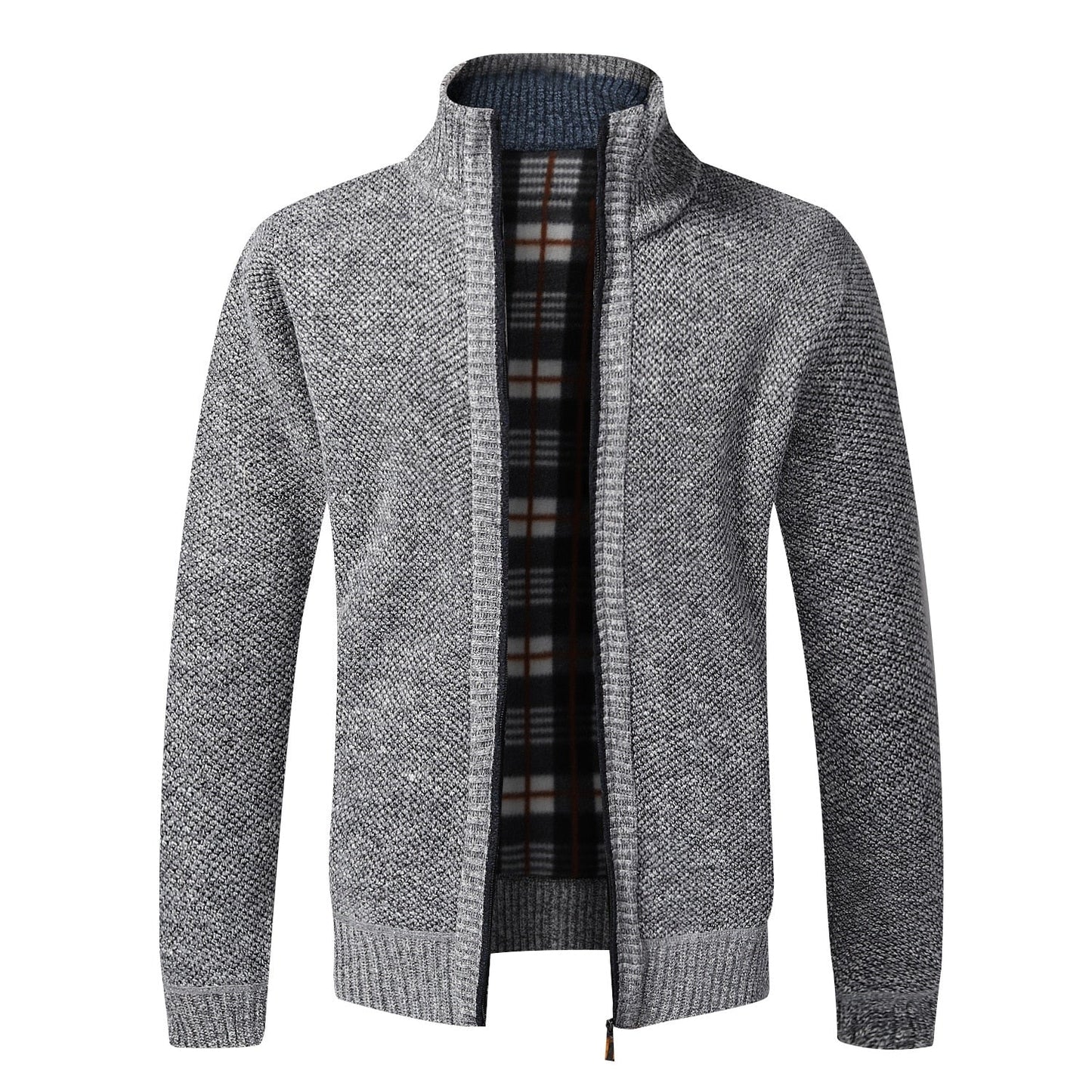 Grauer Herren-Strickjacke mit Reißverschluss, Stehkragen, kariertem Innenfutter, Wintermode.