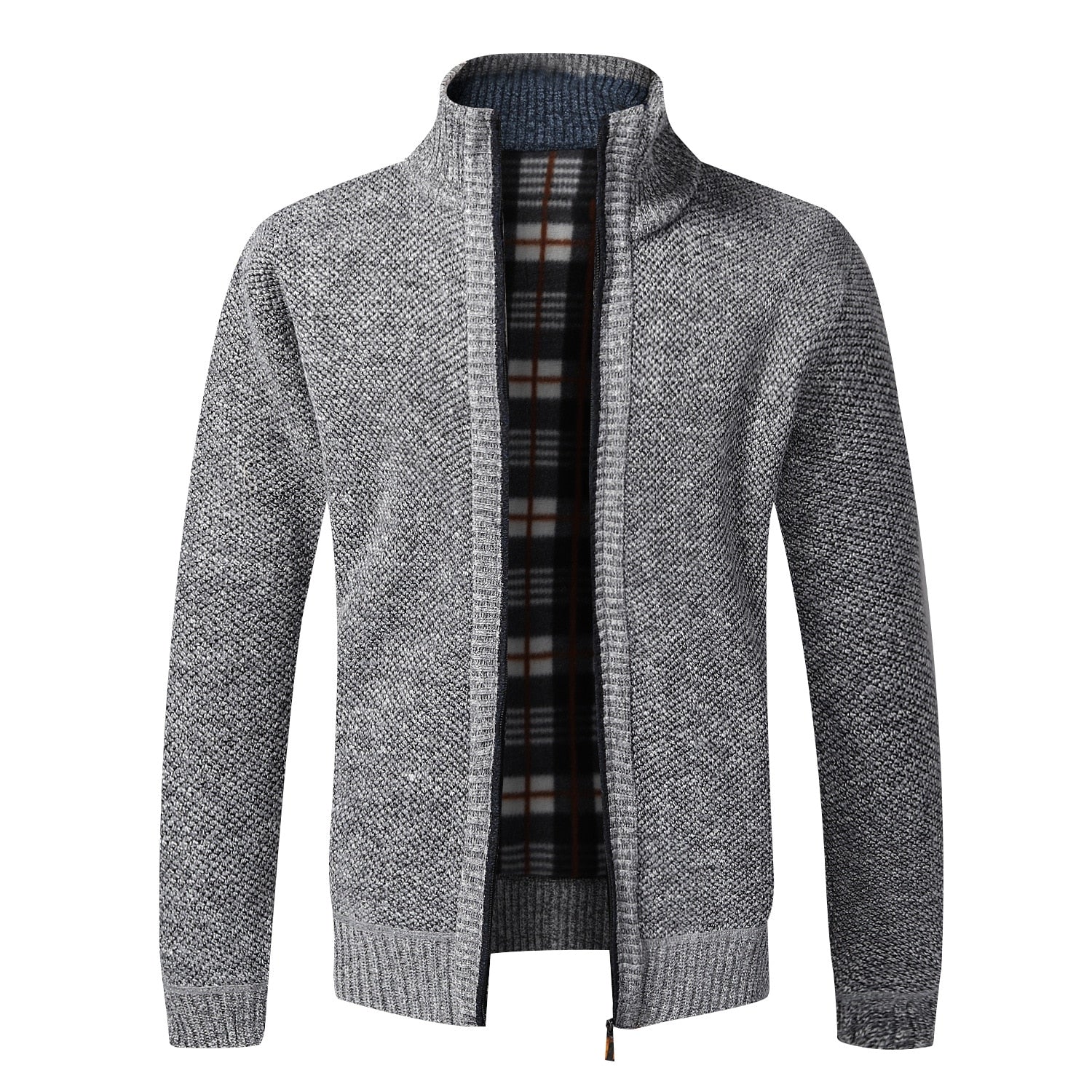 Grauer Herren-Strickjacke mit Reißverschluss, Stehkragen, kariertem Innenfutter, Wintermode.