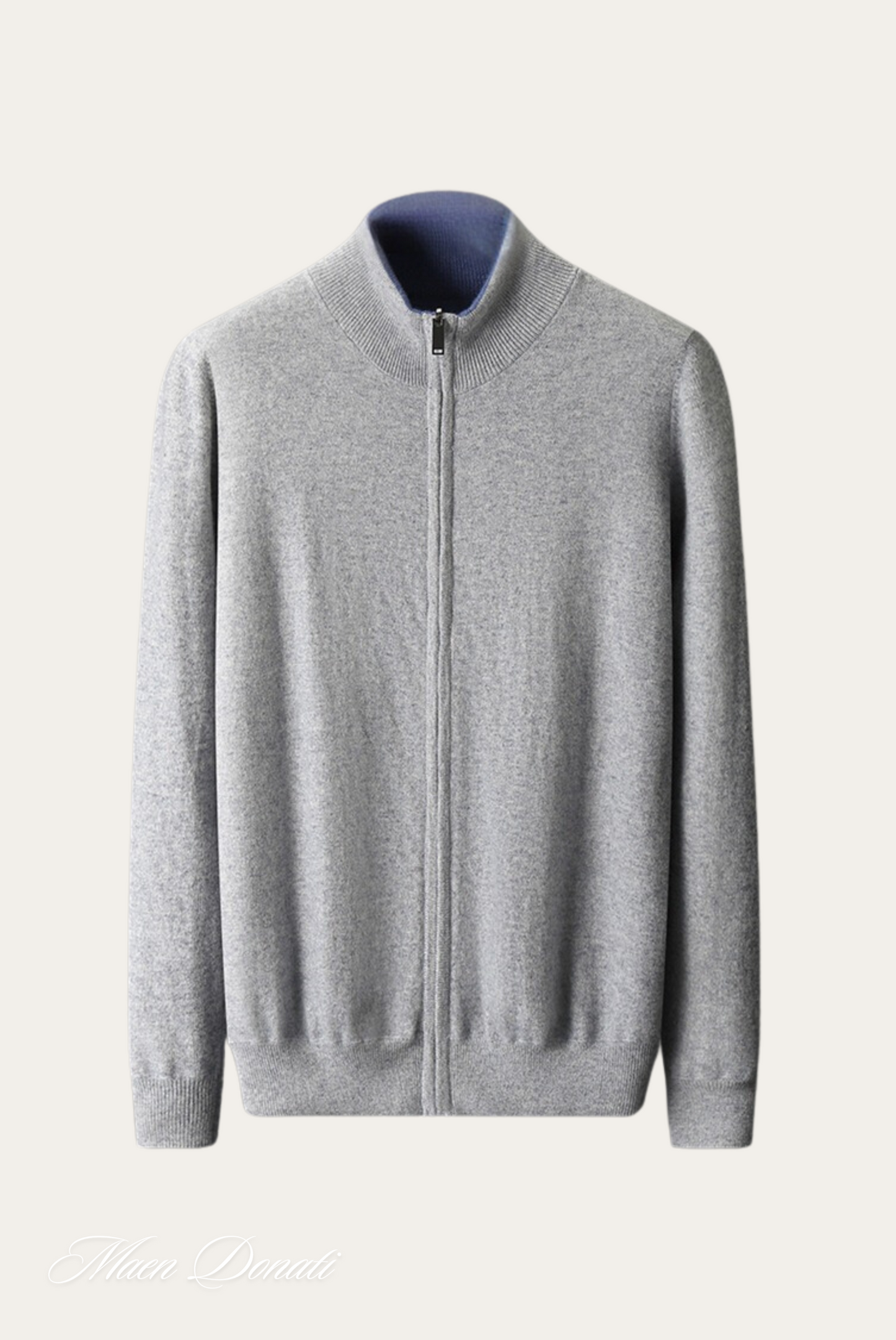 Grauer Herren-Kaschmir-Cardigan mit Reißverschluss, elegantes Design, weiches Material.