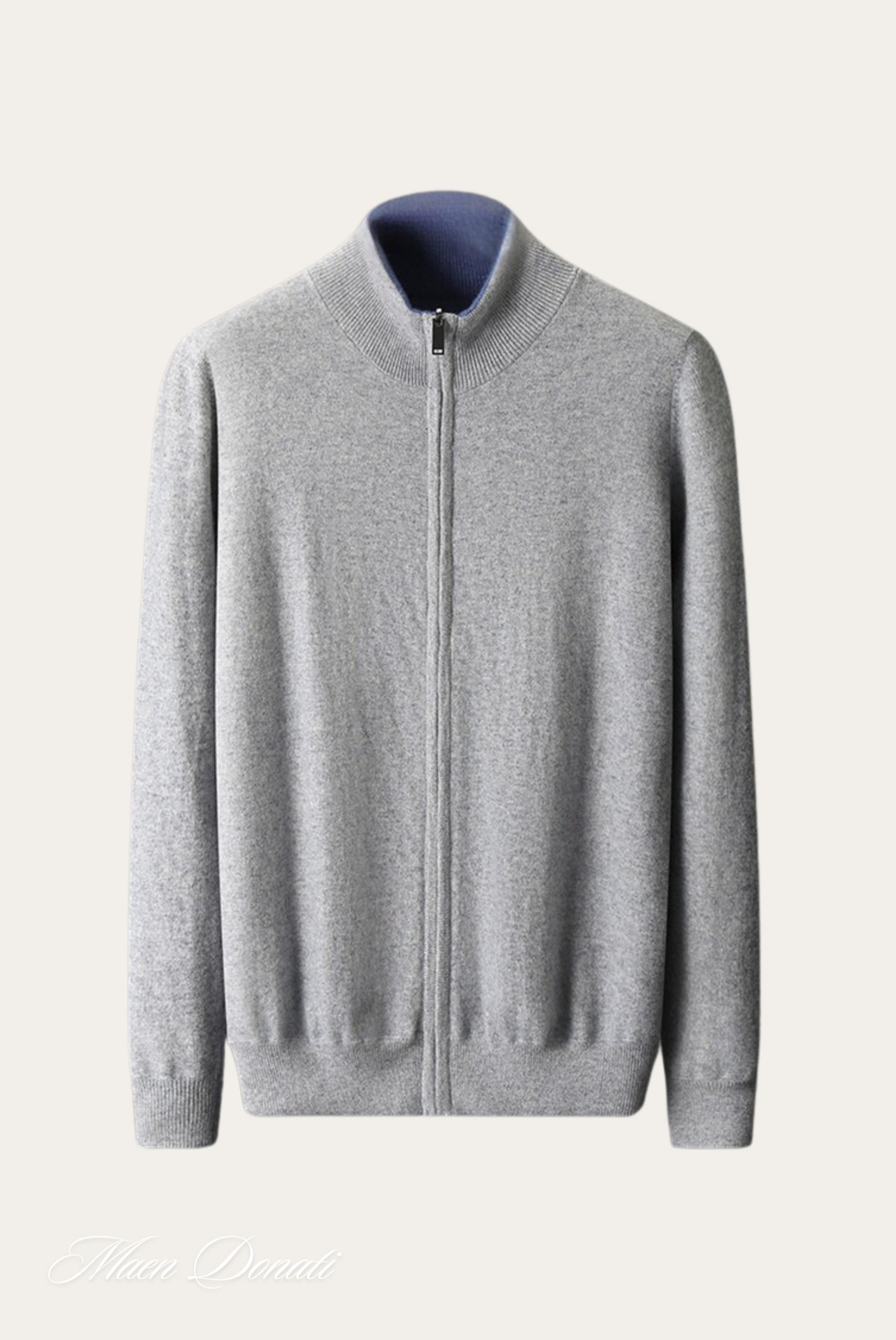 Grauer Herren-Kaschmir-Cardigan mit Reißverschluss, elegantes Design, weiches Material.