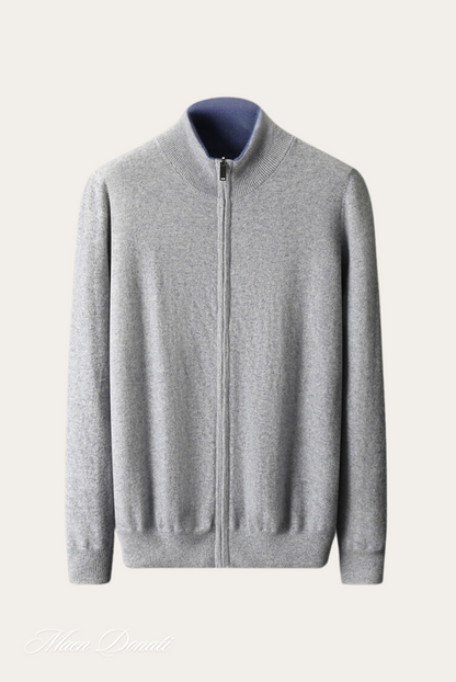 Grauer Herren-Kaschmir-Cardigan mit Reißverschluss, elegantes Design, weiches Material.