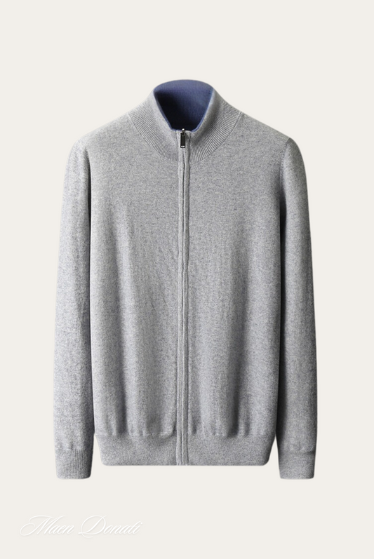 Grauer Herren-Kaschmir-Cardigan mit Reißverschluss, elegantes Design, weiches Material.