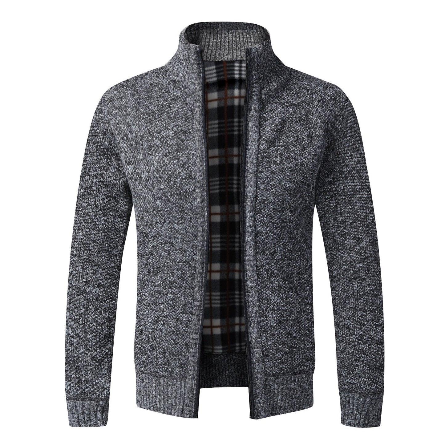 Grauer Herren-Strickjacke mit Reißverschluss, warmes Futter, modisch, bequem, Wintermode.