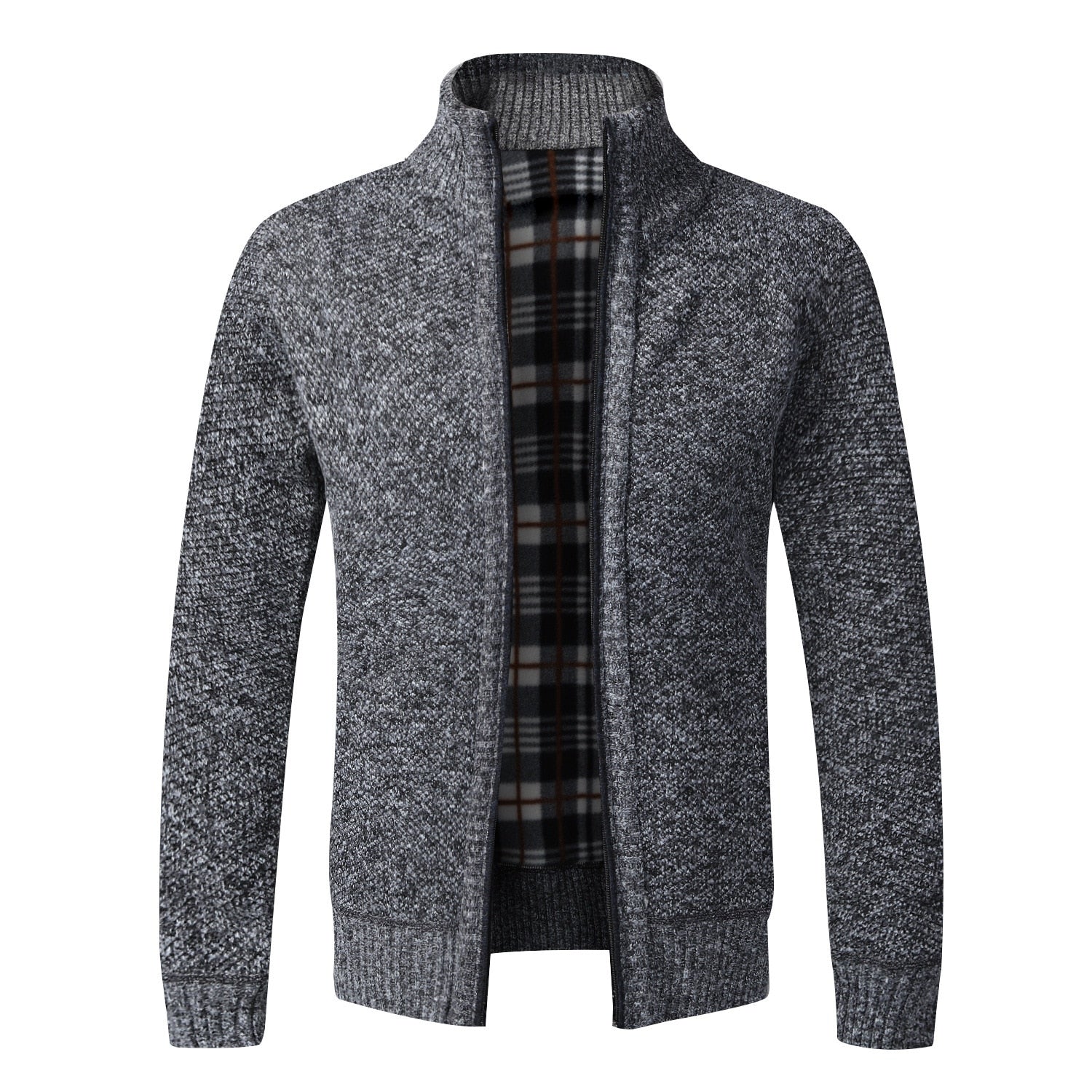 Grauer Herren-Strickjacke mit Reißverschluss, warmes Futter, modisch, bequem, Wintermode.