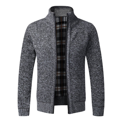 Grauer Herren-Strickjacke mit Reißverschluss, warmes Futter, modisch, bequem, Wintermode.