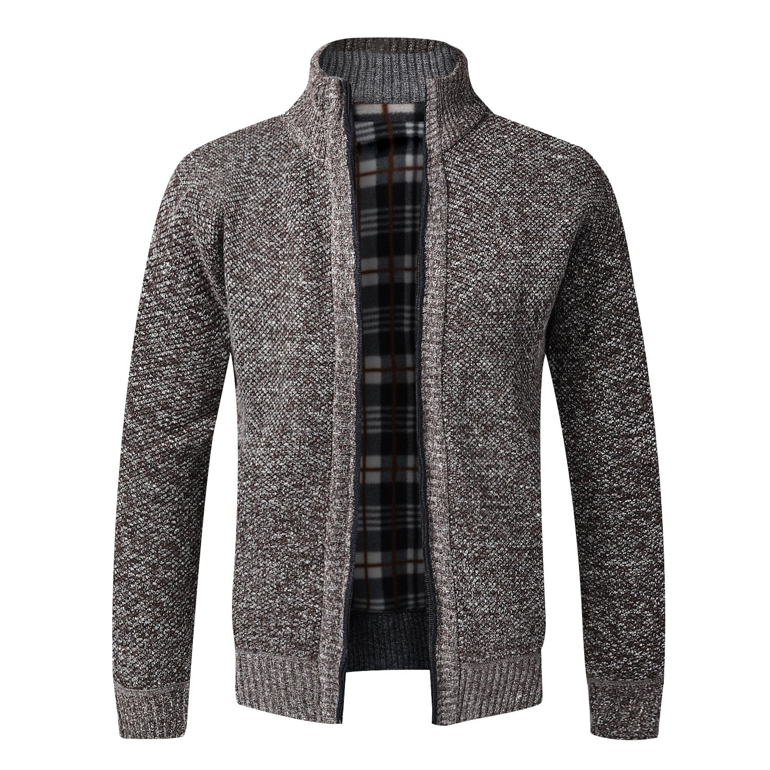 Grauer Strick-Cardigan für Herren, Reißverschluss, kariertes Innenfutter, warm, modisch.