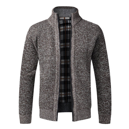 Grauer Strick-Cardigan für Herren, Reißverschluss, kariertes Innenfutter, warm, modisch.