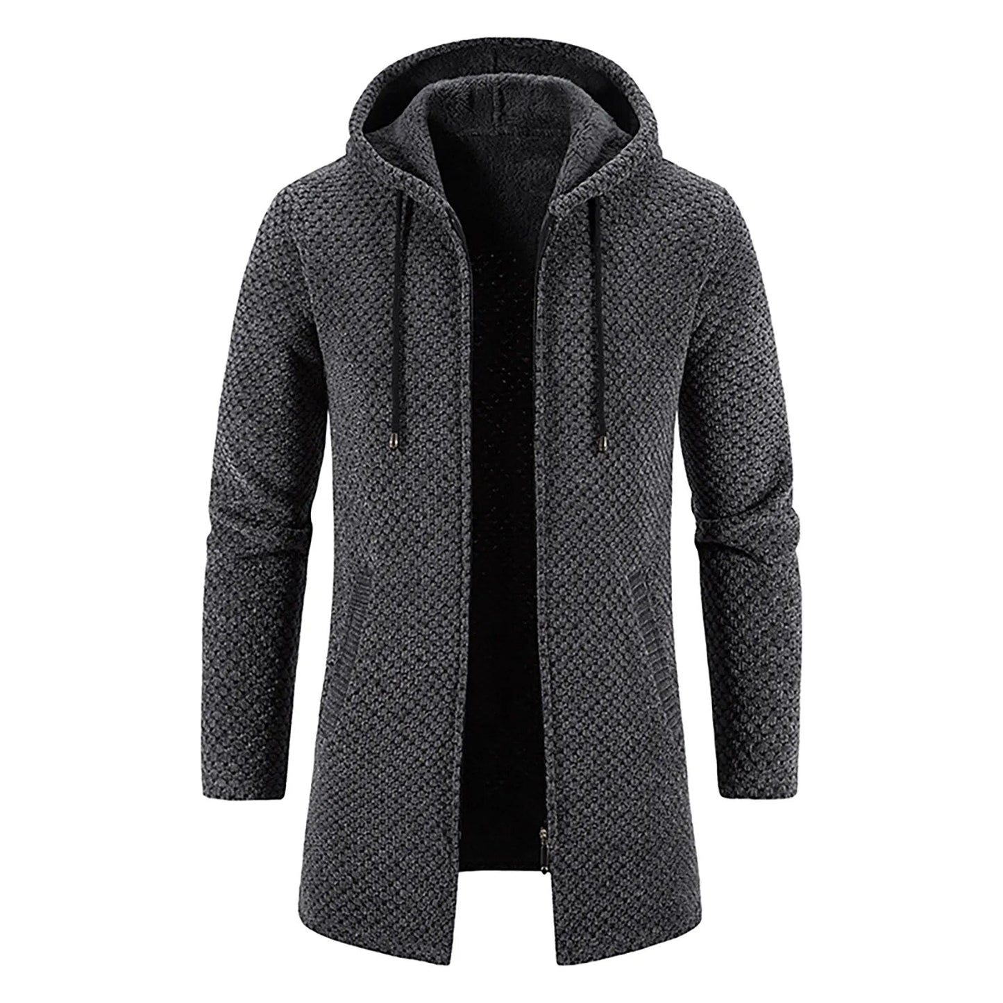 Dunkelgrauer Herrenmantel mit Kapuze, Strickmuster, langärmelig, modisch, warm.