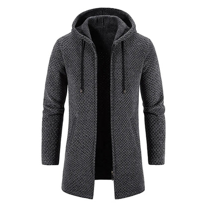 Dunkelgrauer Herrenmantel mit Kapuze, Strickmuster, langärmelig, modisch, warm.