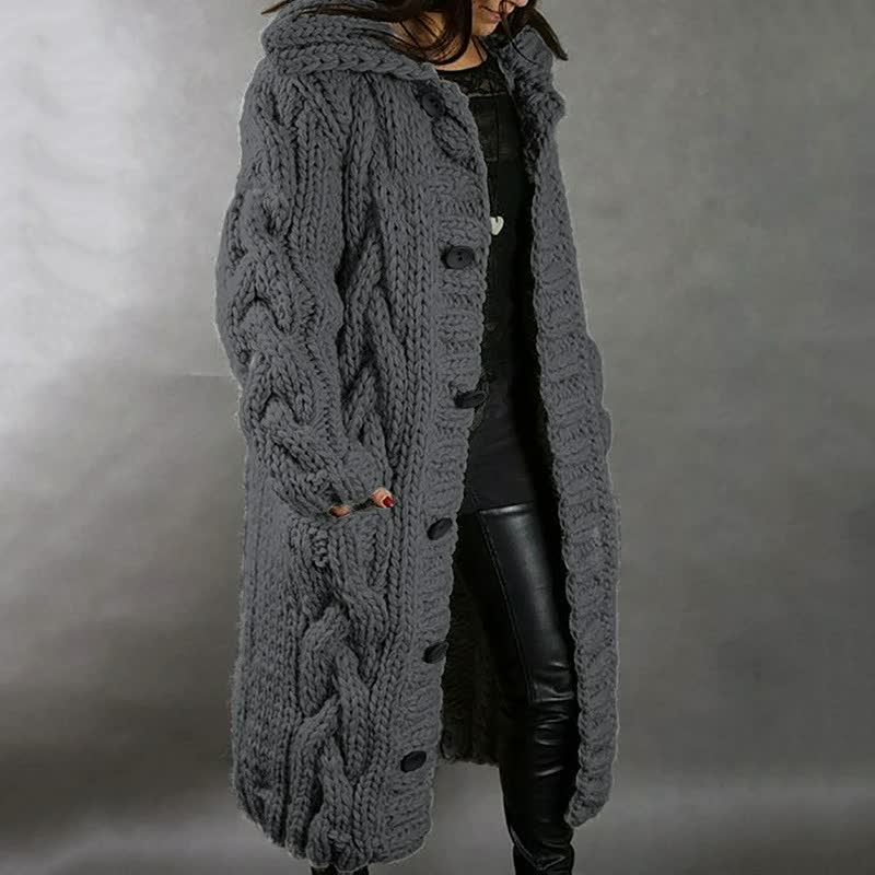 Grauer Strickmantel Damen, grob gestrickt, lang, Wintermode, warm, modisch, elegant.