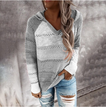 Grauer Strickpullover Damen, V-Ausschnitt, Kapuze, lässig, modisch, Herbstmode.