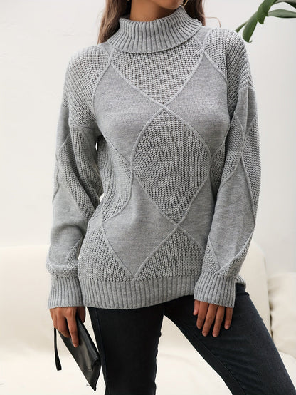 Grauer Strickpullover Damen, Rollkragen, geometrisches Muster, Herbstmode, elegant.