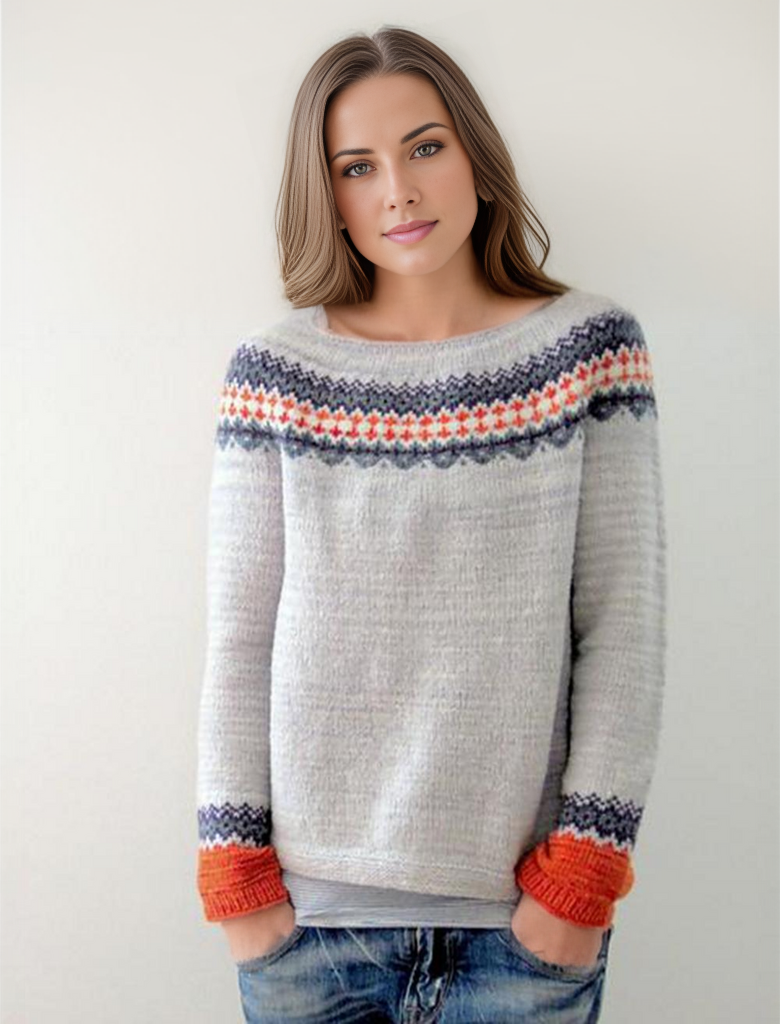 Frau in grauem Strickpullover mit buntem Muster, lässige Mode, Herbstkleidung.