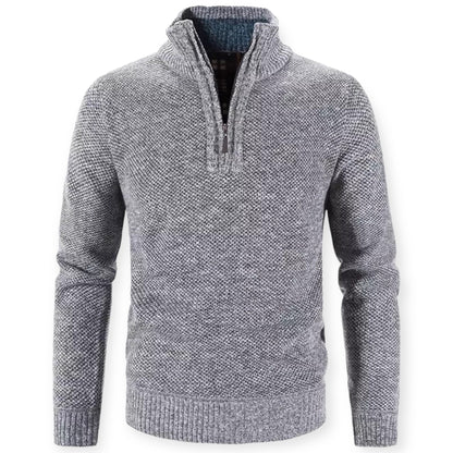Grauer Herrenpullover mit Reißverschluss, Strick, warm, modisch, Winterkleidung, Freizeitmode.