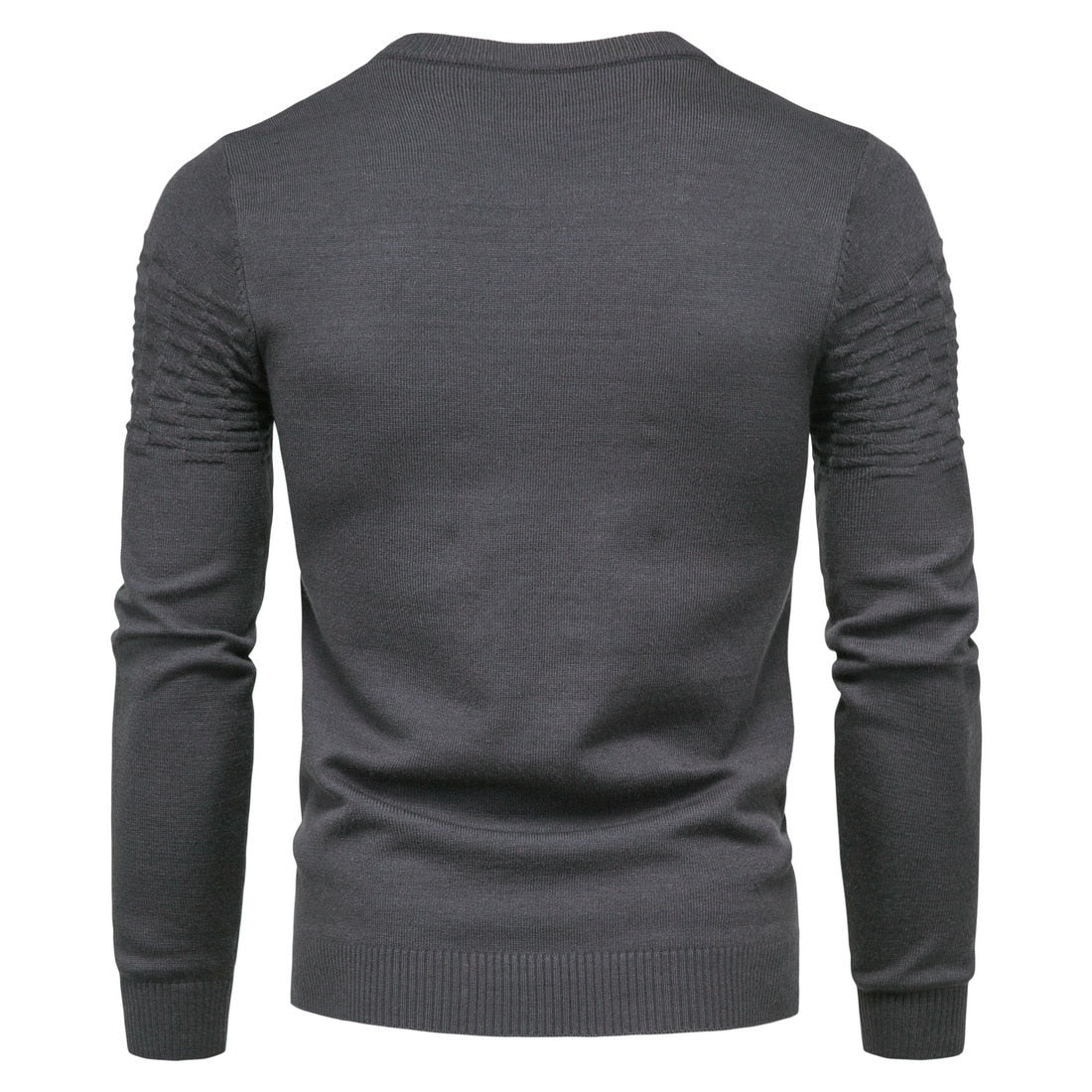 Dunkelgrauer Herrenpullover, Strick, Langarm, gerippt, modisch, bequem, Wintermode.