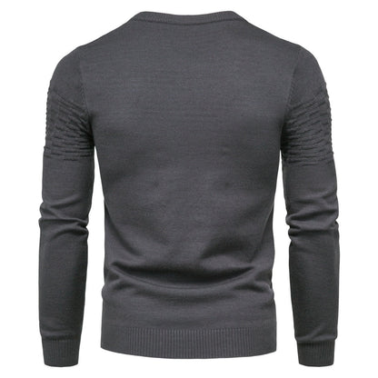 Dunkelgrauer Herrenpullover, Strick, Langarm, gerippt, modisch, bequem, Wintermode.
