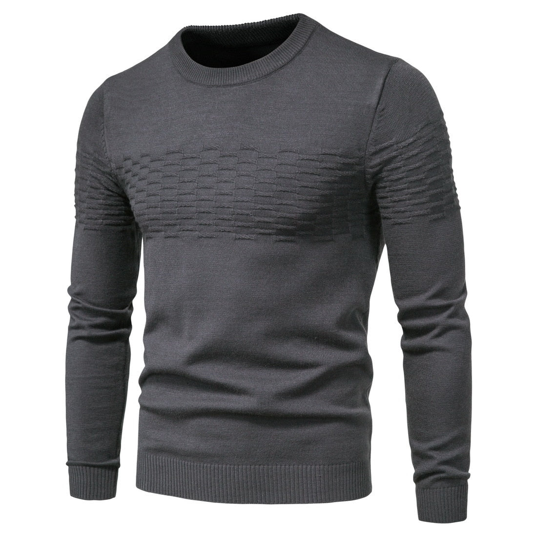 Dunkelgrauer Herrenpullover, Strickmuster, Rundhalsausschnitt, Langarm, modisch, warm.