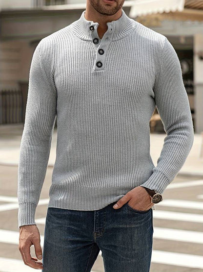 Grauer Herrenpullover mit Knopfleiste, Strick, modisch, lässig, Herbstmode, Langarm.
