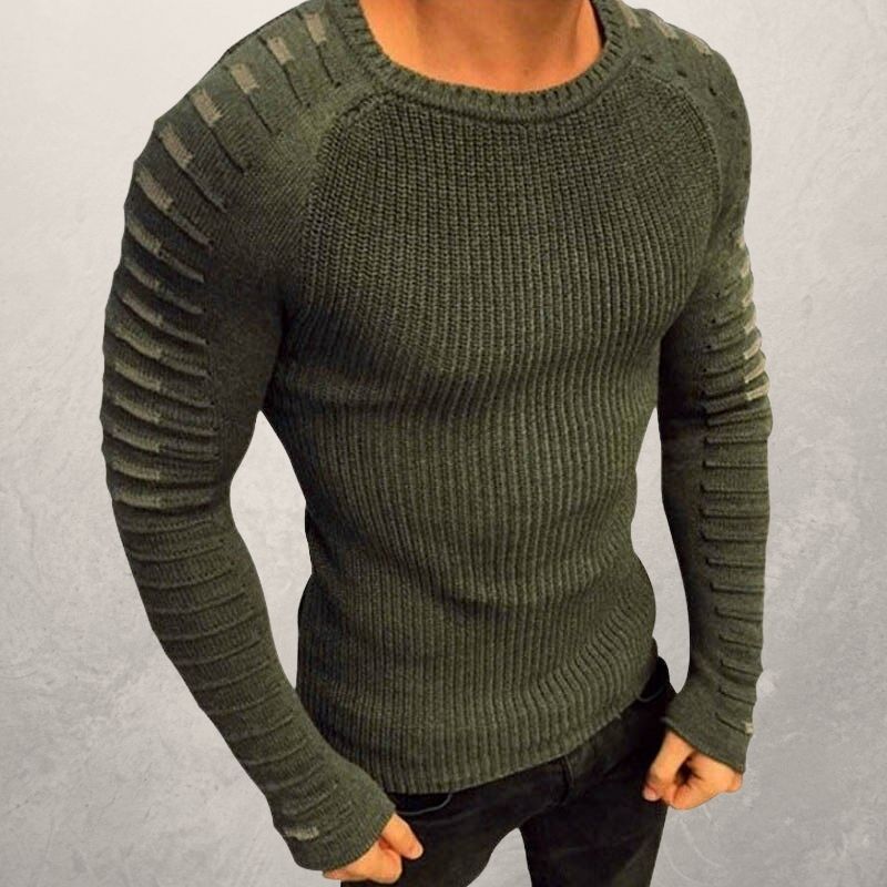 Grauer Herrenpullover, Strick, Langarm, modisches Design, gerippte Ärmel, Freizeitkleidung.
