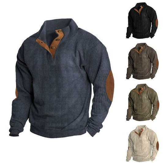 Herren Strickpullover mit Knopfleiste, Ellbogen-Patches, in verschiedenen Farben.