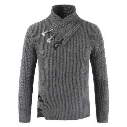 Dunkelgrauer Strickpullover mit Schalkragen und Zierknöpfen, Herrenmode, Winterkleidung.