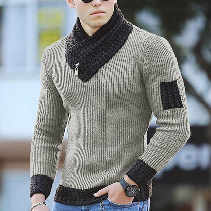 Grauer Herrenpullover mit schwarzem Kragen, Strickdesign, modisch, warm, Winterkleidung.