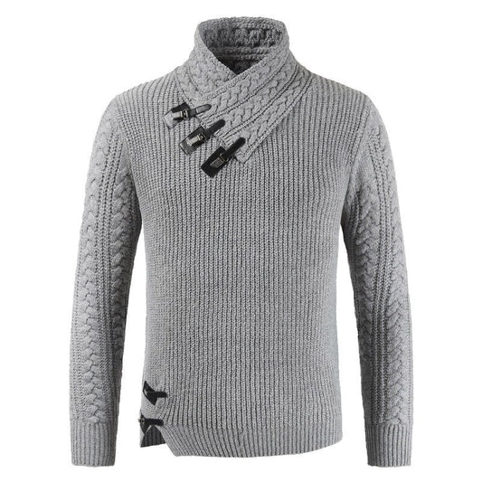 Grauer Strickpullover mit Schalkragen und Schnallen, Herrenmode, Winterkleidung, warm.