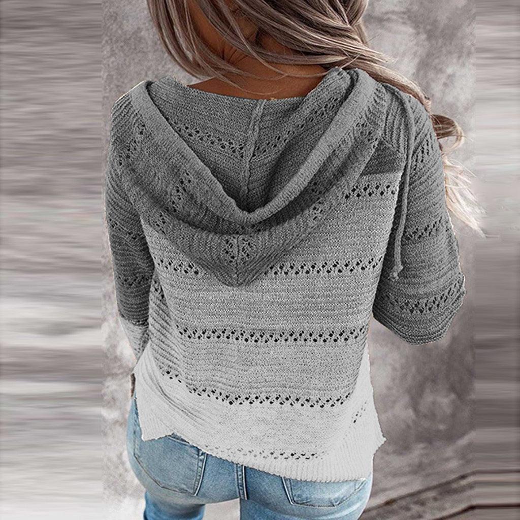 Damen Strickpullover mit Kapuze, grau, lässig, langärmelig, modisch, bequem, Herbstmode.