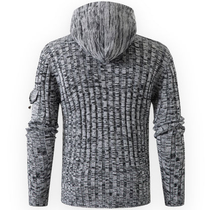 Grauer Strickpullover mit Kapuze, Herrenmode, warm, bequem, Winterkleidung, modisch.