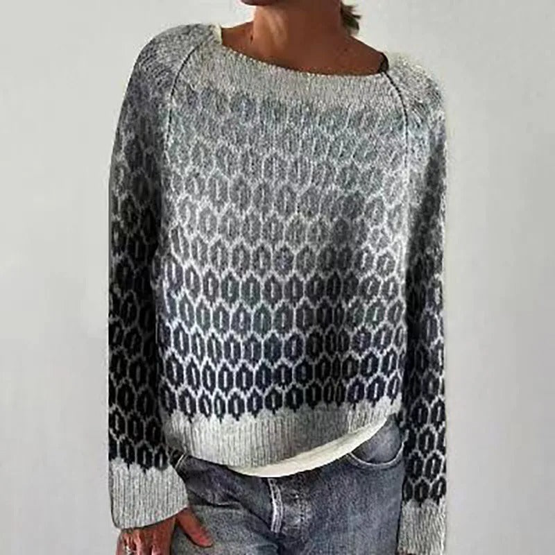 Grauer Strickpullover Damen, geometrisches Muster, lässig, warm, modisch, Wintermode.