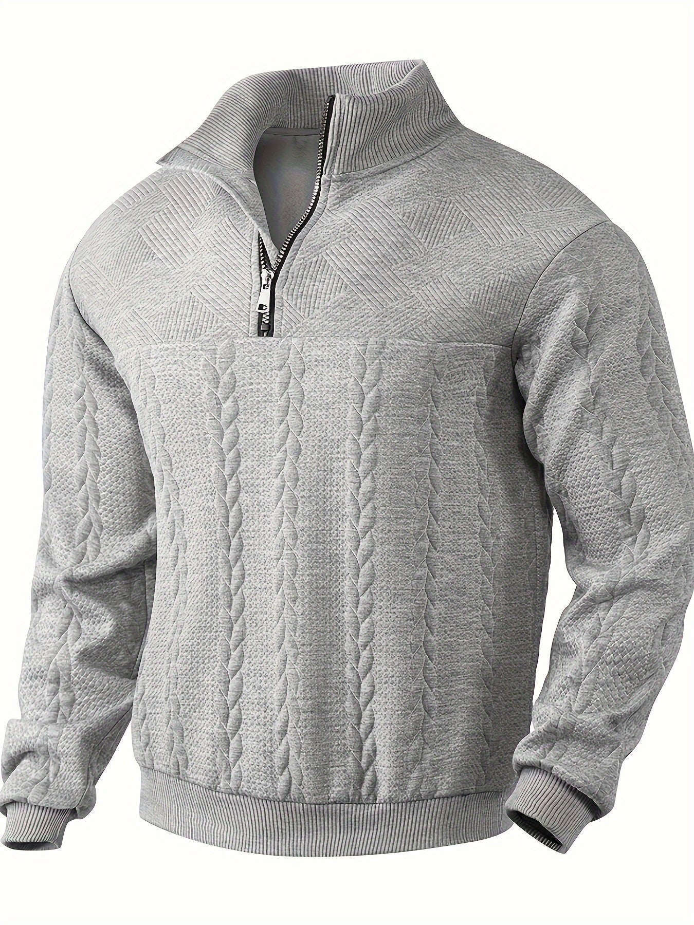 Grauer Strickpullover mit Reißverschluss, Zopfmuster, Herrenmode, Winterkleidung, Baumwolle.