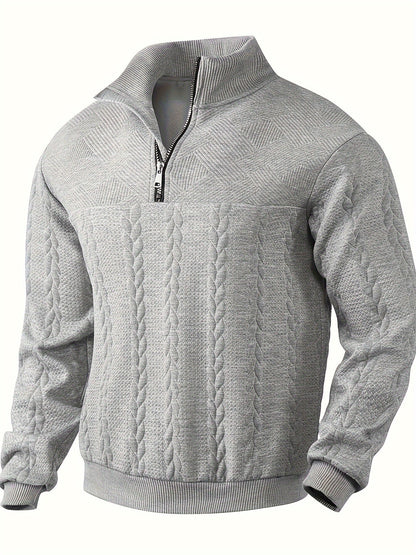 Grauer Strickpullover mit Reißverschluss, Zopfmuster, Herrenmode, Winterkleidung, Baumwolle.