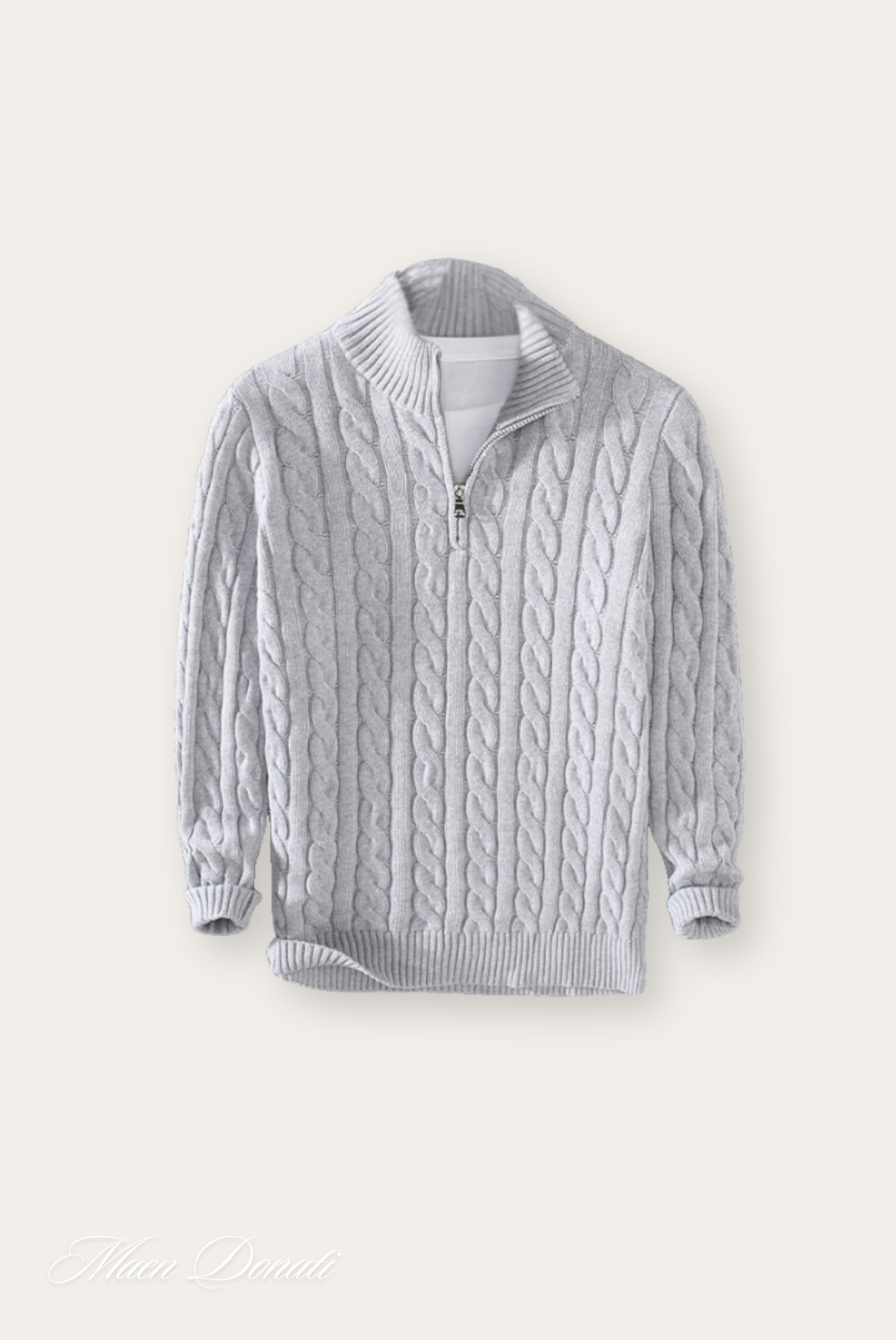 Grauer Strickpullover mit Reißverschluss, Zopfmuster, Herrenmode, Winterbekleidung.