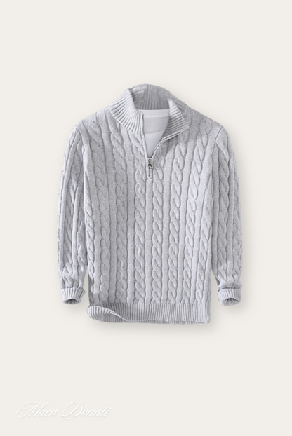 Grauer Strickpullover mit Reißverschluss, Zopfmuster, Herrenmode, Winterbekleidung.