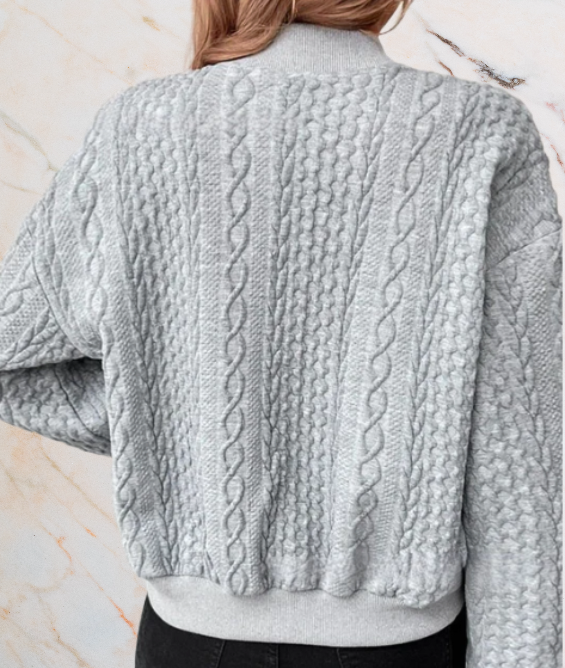 Grauer Strickpullover Damen, Zopfmuster, Baumwolle, modisch, warm, Herbstmode, Rückansicht