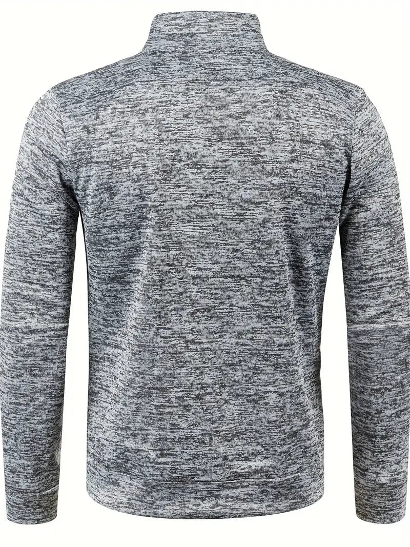 Grauer Herrenpullover, meliert, langärmelig, Stehkragen, Freizeitmode, Baumwollmischung.
