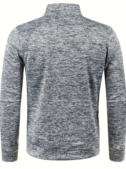 Grauer Herrenpullover, meliert, langärmelig, Stehkragen, Freizeitmode, Baumwollmischung.