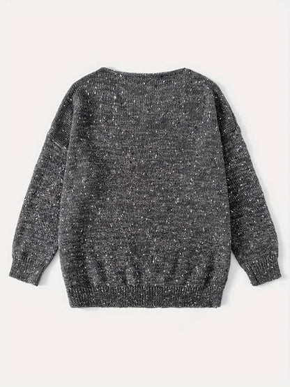 Grauer Strickpullover Damen, meliert, langärmelig, lässig, modisch, bequem, Herbstmode.
