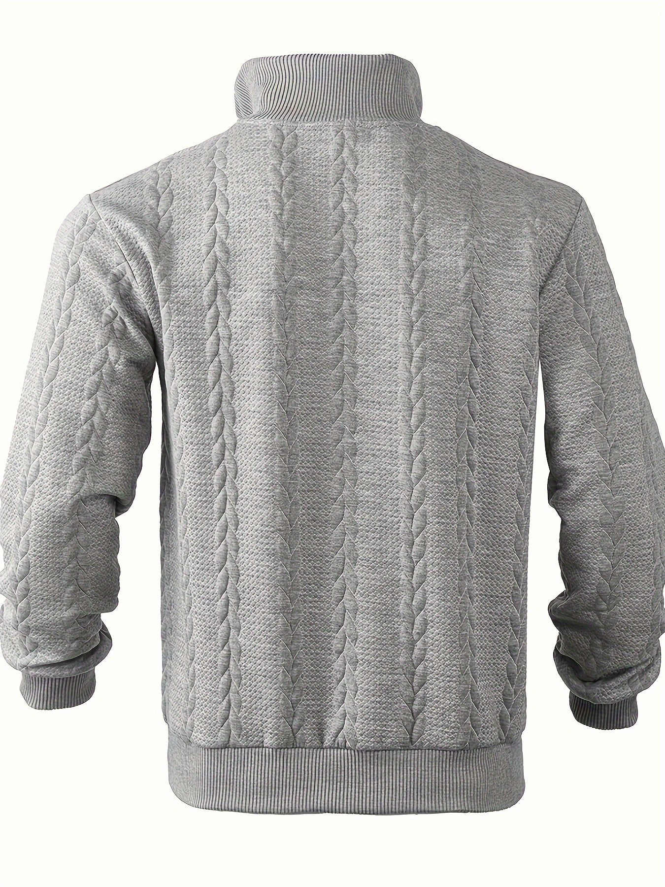 Grauer Strickpullover Herren, Zopfmuster, Stehkragen, warm, modisch, Wintermode.