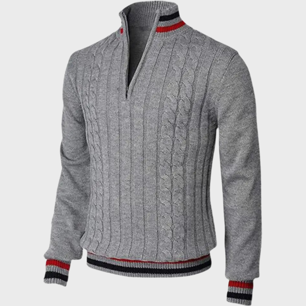 Grauer Herrenpullover mit Zopfmuster, Reißverschluss und roten Details, Strickmode.