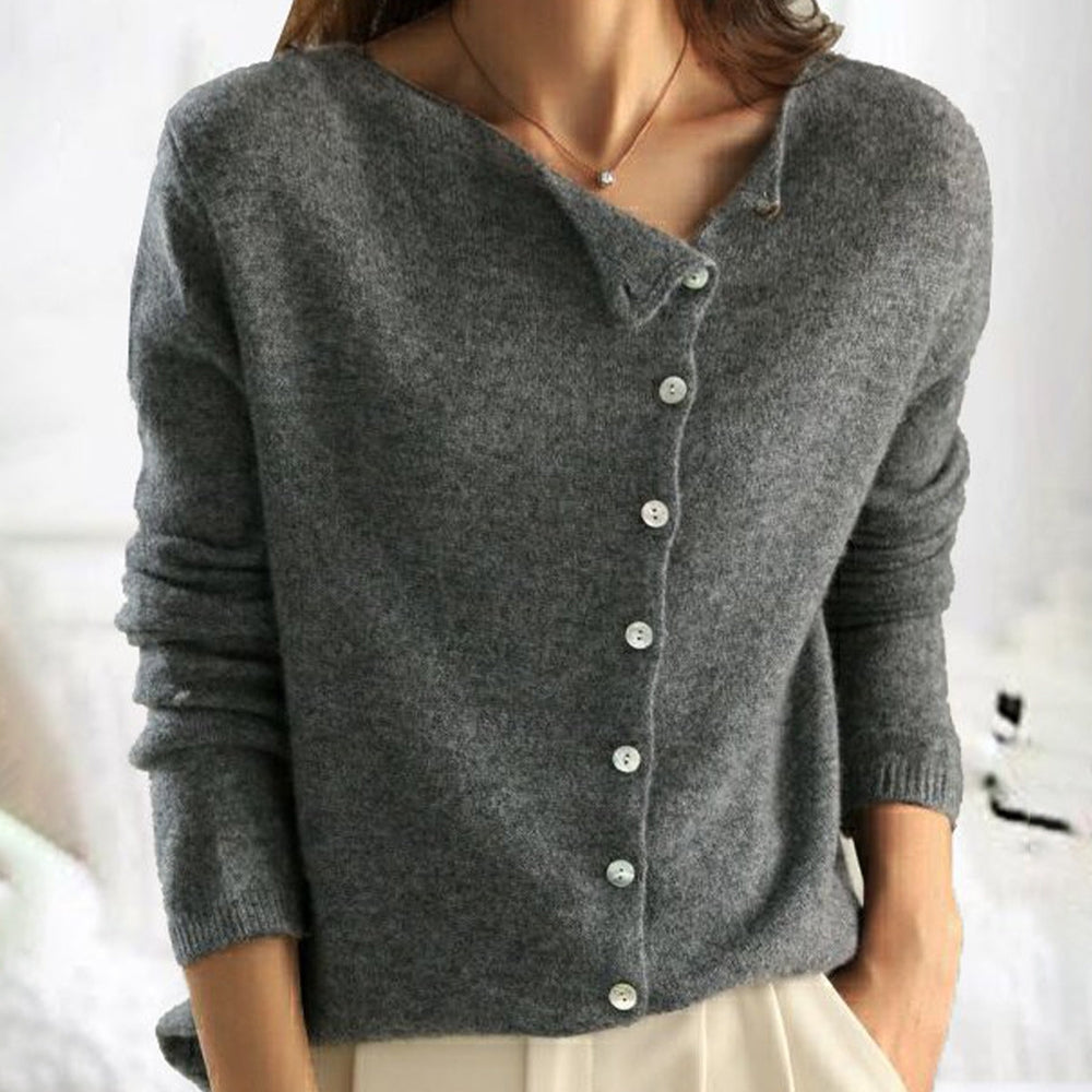 Grauer Damen-Cardigan aus Kaschmir, V-Ausschnitt, Knopfleiste, eleganter Herbst-Look.
