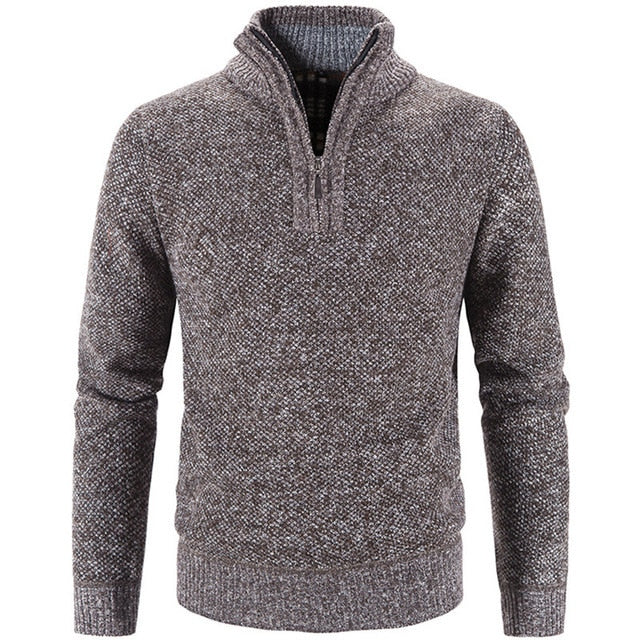 Grauer Herrenpullover mit Reißverschluss, Strick, warm, modisch, Winterkleidung.